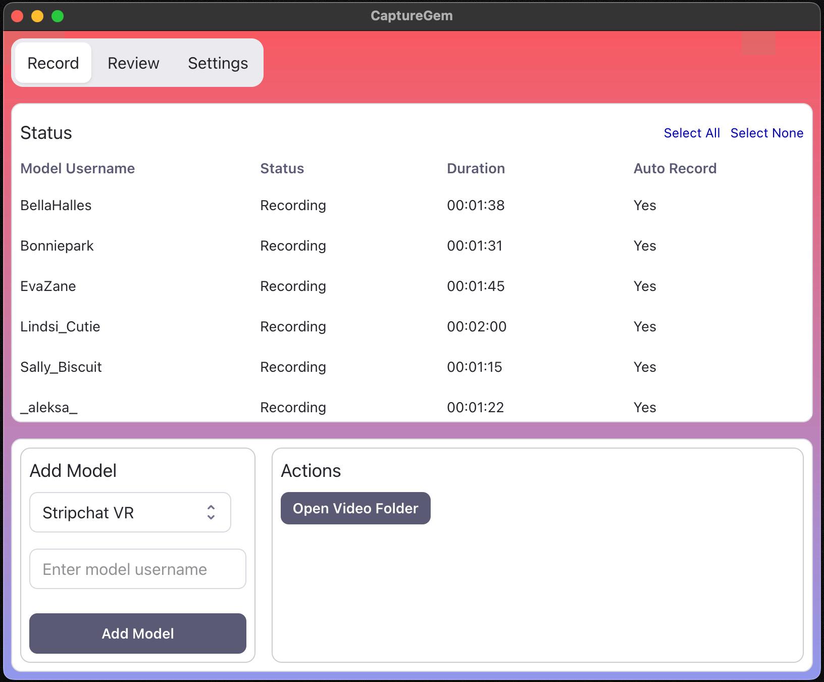 CaptureGem recording dashboard showing several active model recordings